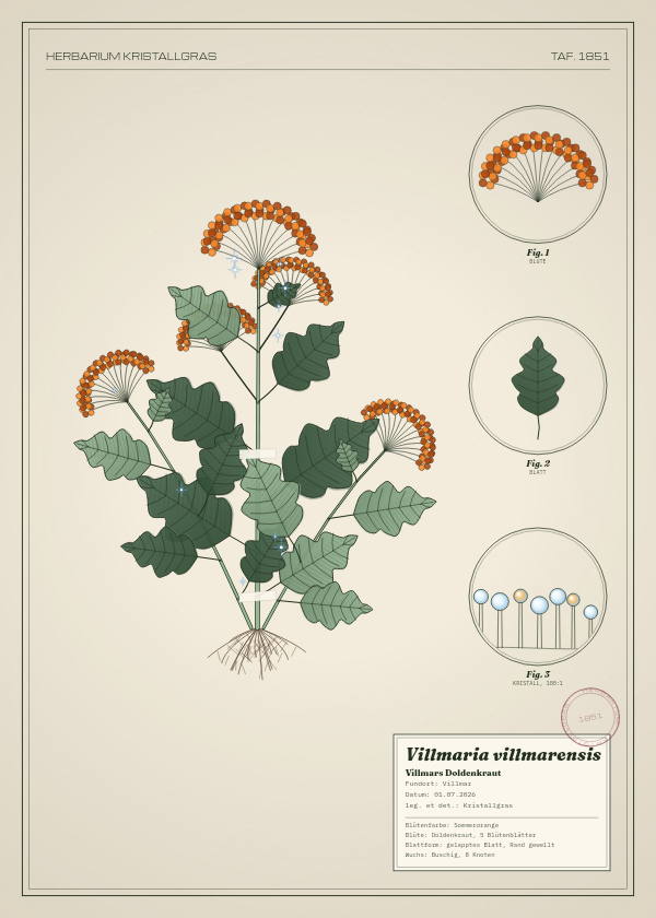 Botanische Tafel: Villmaria villmarensis, eine erfundene Pflanze aus Villmar, gezeichnet wie in einem alten Pflanzenatlas