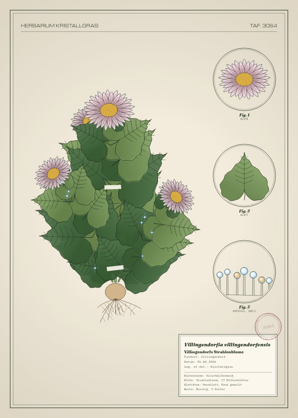 Botanische Tafel: Villingendorfia villingendorfensis, eine erfundene Pflanze aus Villingendorf, gezeichnet wie in einem alten Pflanzenatlas