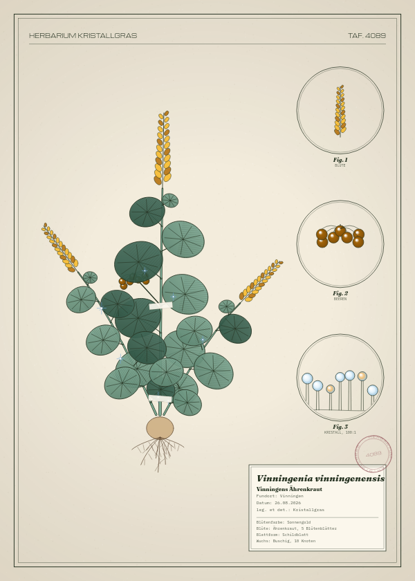 Botanische Tafel: Vinningenia vinningenensis, eine erfundene Pflanze aus Vinningen, gezeichnet wie in einem alten Pflanzenatlas