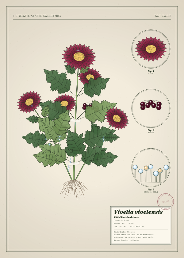 Botanische Tafel: Vioelia vioelensis, eine erfundene Pflanze aus Viöl, gezeichnet wie in einem alten Pflanzenatlas