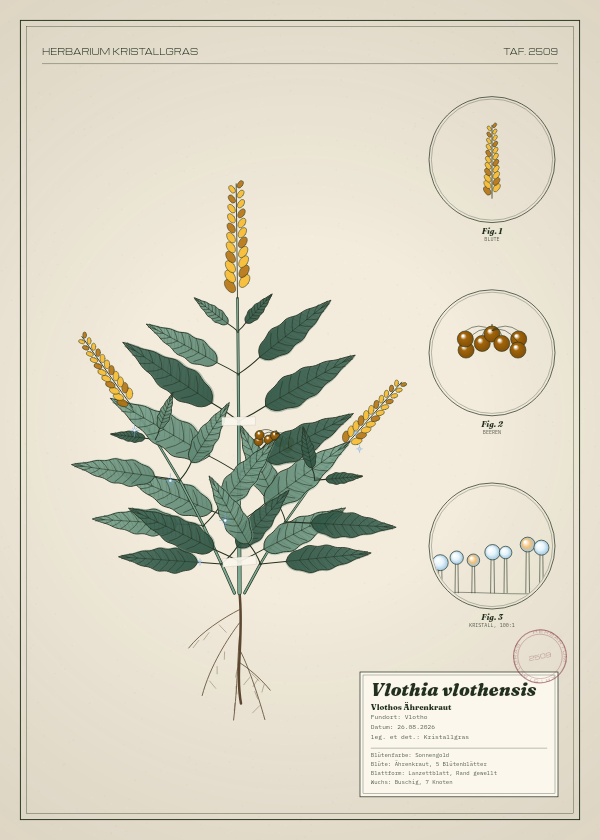 Botanische Tafel: Vlothia vlothensis, eine erfundene Pflanze aus Vlotho, gezeichnet wie in einem alten Pflanzenatlas