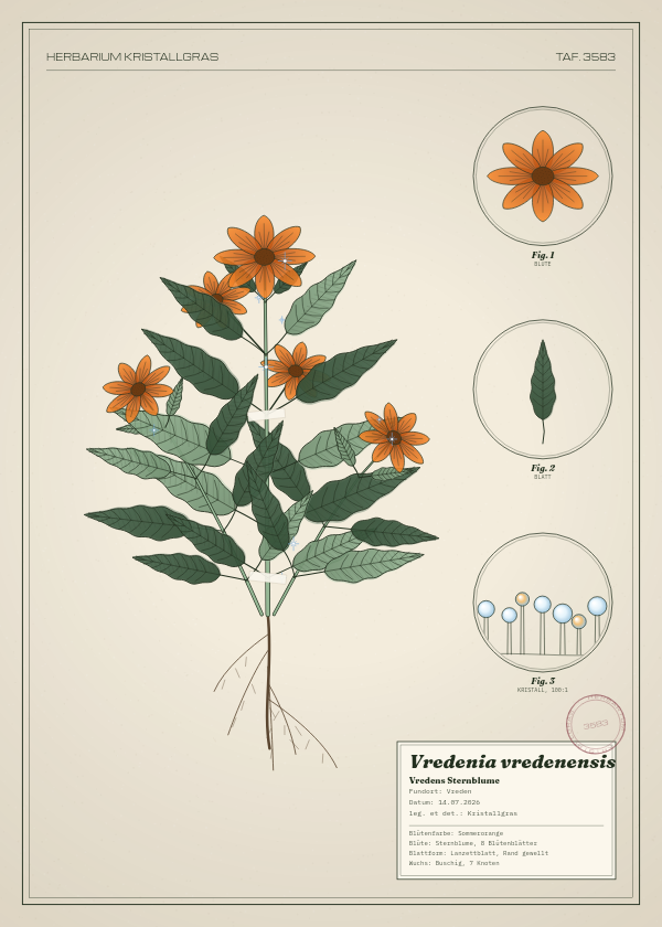 Botanische Tafel: Vredenia vredenensis, eine erfundene Pflanze aus Vreden, gezeichnet wie in einem alten Pflanzenatlas