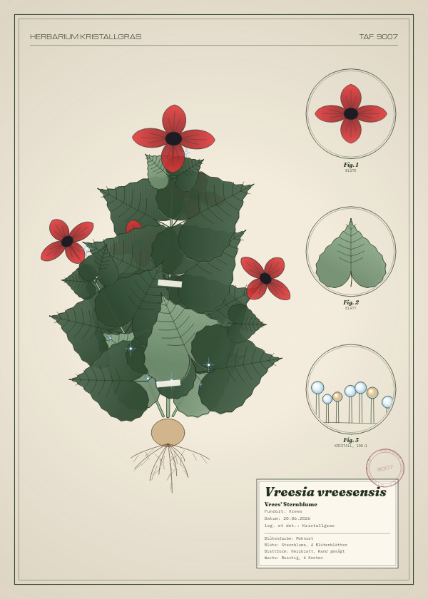Botanische Tafel: Vreesia vreesensis, eine erfundene Pflanze aus Vrees, gezeichnet wie in einem alten Pflanzenatlas