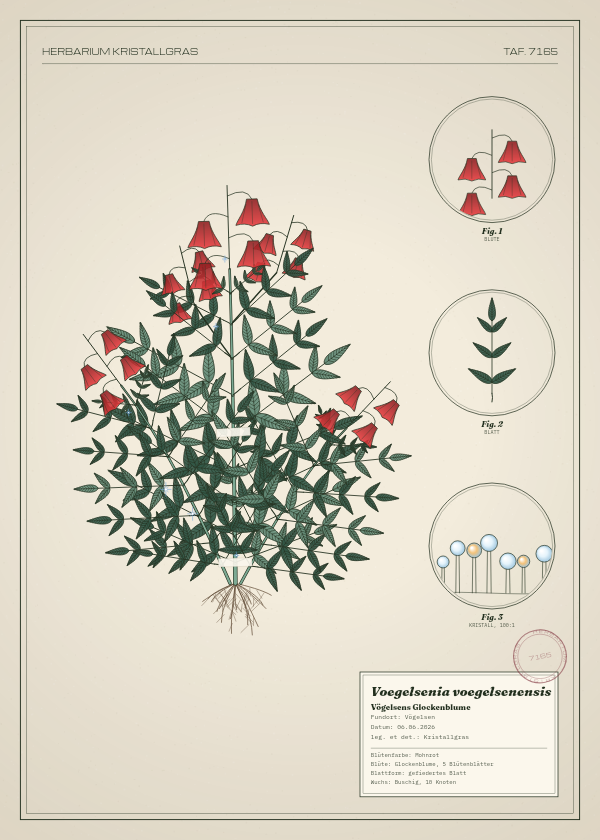 Botanische Tafel: Voegelsenia voegelsenensis, eine erfundene Pflanze aus Vögelsen, gezeichnet wie in einem alten Pflanzenatlas