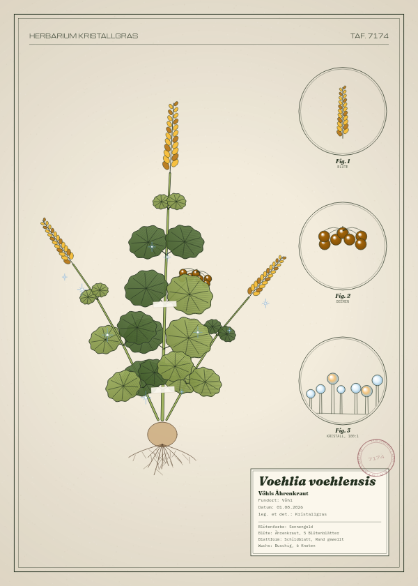 Botanische Tafel: Voehlia voehlensis, eine erfundene Pflanze aus Vöhl, gezeichnet wie in einem alten Pflanzenatlas