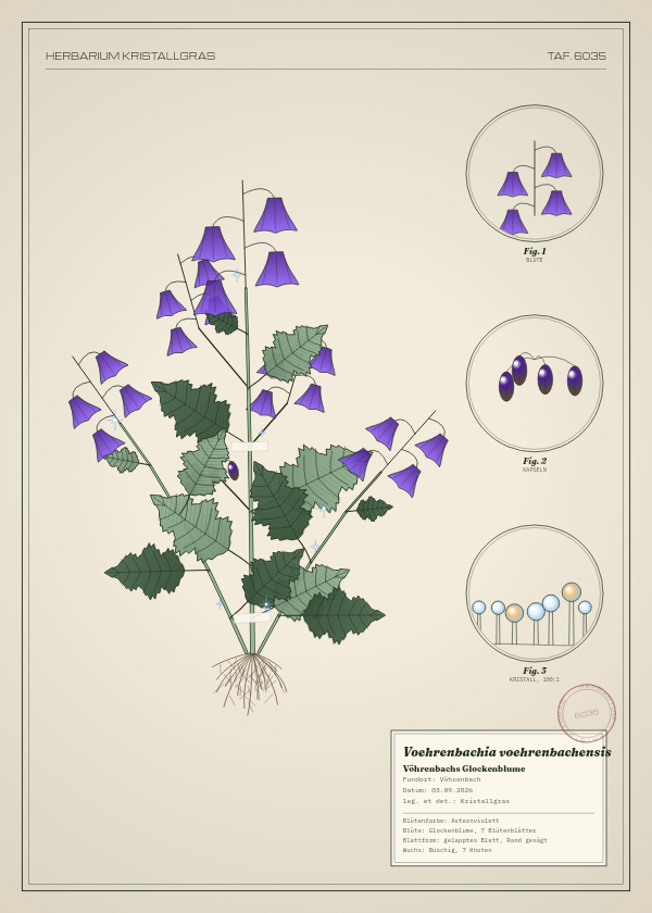 Botanische Tafel: Voehrenbachia voehrenbachensis, eine erfundene Pflanze aus Vöhrenbach, gezeichnet wie in einem alten Pflanzenatlas