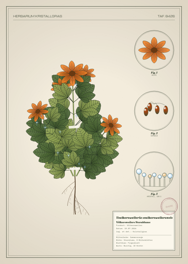 Botanische Tafel: Voelkersweileria voelkersweilerensis, eine erfundene Pflanze aus Völkersweiler, gezeichnet wie in einem alten Pflanzenatlas