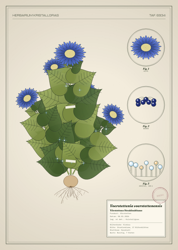 Botanische Tafel: Voerstettenia voerstettenensis, eine erfundene Pflanze aus Vörstetten, gezeichnet wie in einem alten Pflanzenatlas