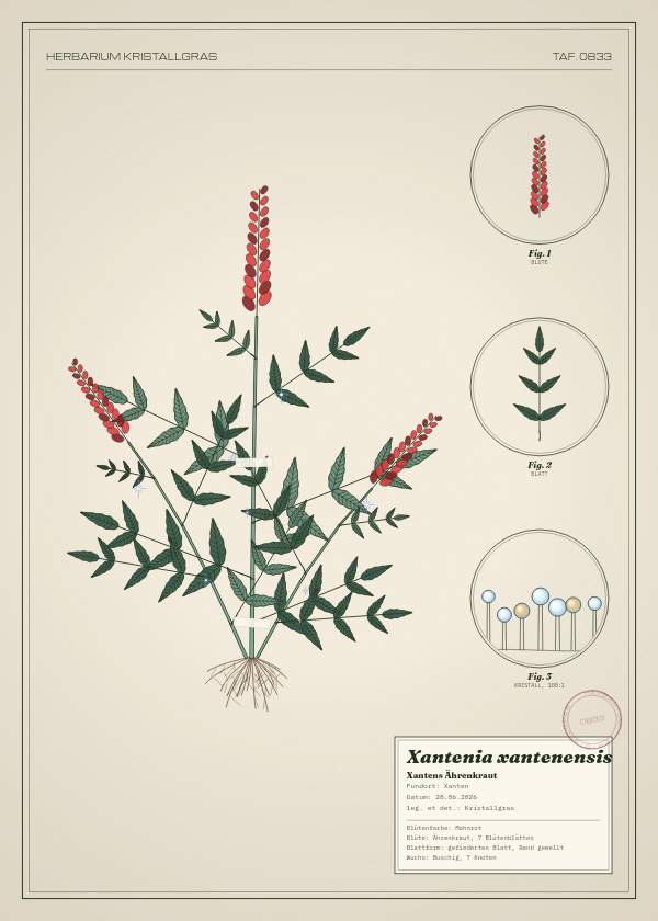 Botanische Tafel: Xantenia xantenensis, eine erfundene Pflanze aus Xanten, gezeichnet wie in einem alten Pflanzenatlas