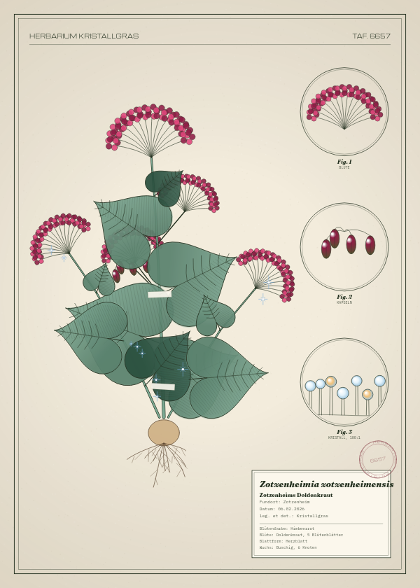Botanische Tafel: Zotzenheimia zotzenheimensis, eine erfundene Pflanze aus Zotzenheim, gezeichnet wie in einem alten Pflanzenatlas