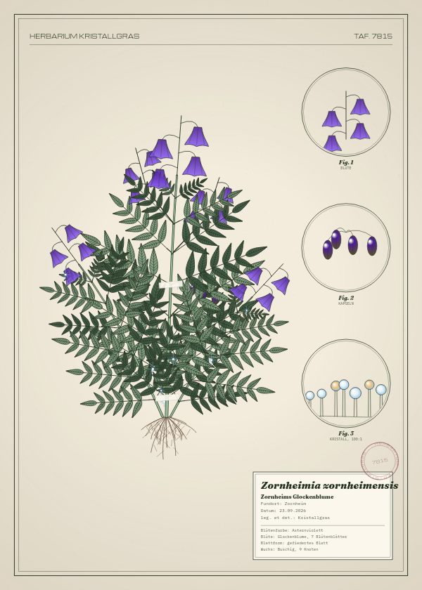 Botanische Tafel: Zornheimia zornheimensis, eine erfundene Pflanze aus Zornheim, gezeichnet wie in einem alten Pflanzenatlas