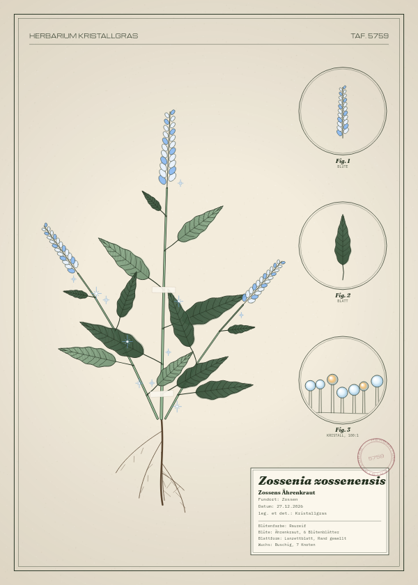 Botanische Tafel: Zossenia zossenensis, eine erfundene Pflanze aus Zossen, gezeichnet wie in einem alten Pflanzenatlas