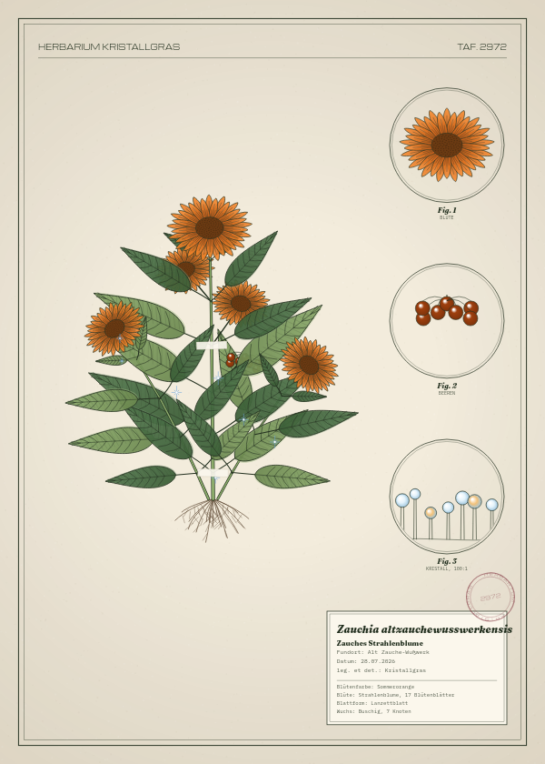 Botanische Tafel: Zauchia altzauchewusswerkensis, eine erfundene Pflanze aus Alt Zauche-Wußwerk, gezeichnet wie in einem alten Pflanzenatlas