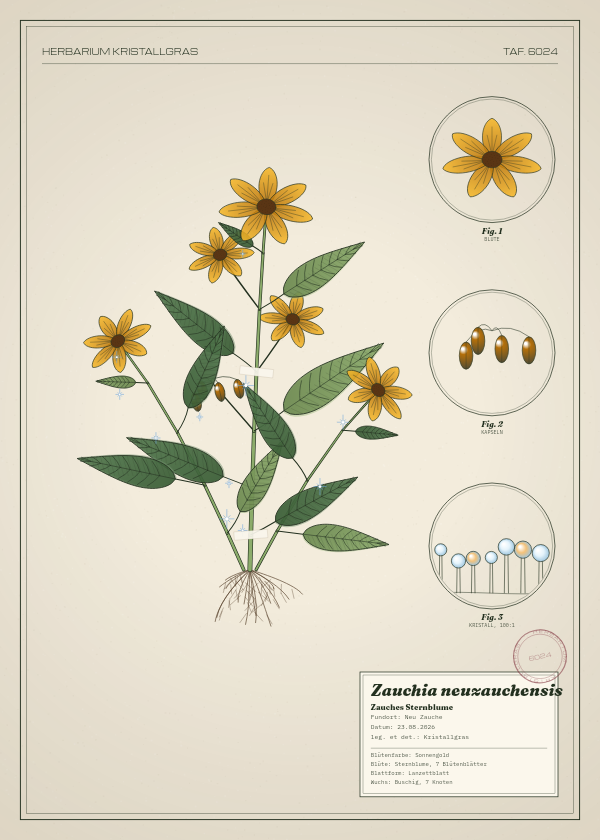 Botanische Tafel: Zauchia neuzauchensis, eine erfundene Pflanze aus Neu Zauche, gezeichnet wie in einem alten Pflanzenatlas