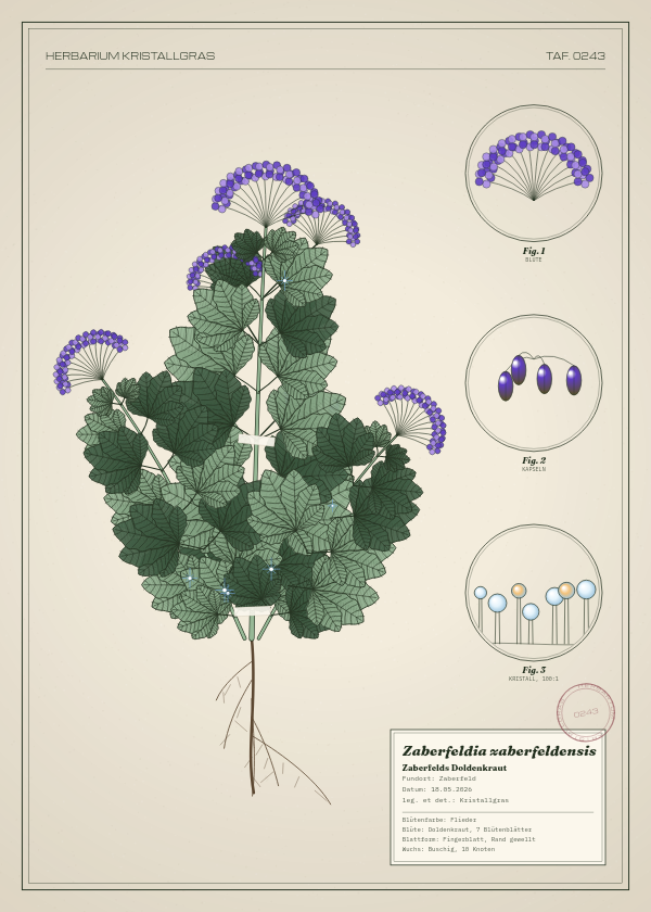 Botanische Tafel: Zaberfeldia zaberfeldensis, eine erfundene Pflanze aus Zaberfeld, gezeichnet wie in einem alten Pflanzenatlas