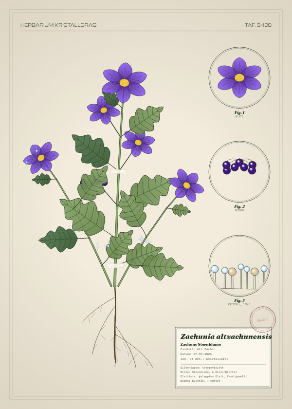 Botanische Tafel: Zachunia altzachunensis, eine erfundene Pflanze aus Alt Zachun, gezeichnet wie in einem alten Pflanzenatlas