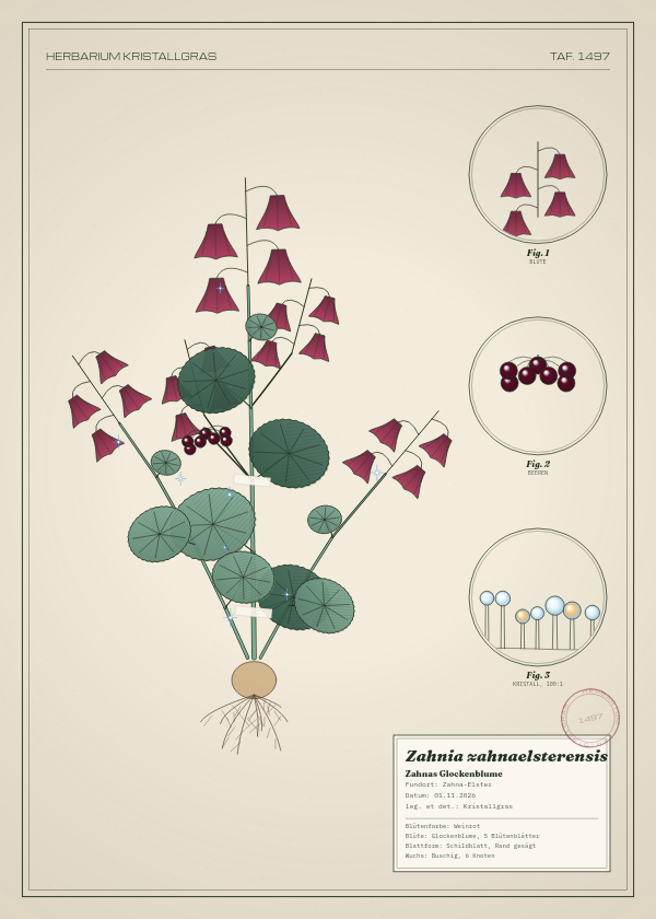Botanische Tafel: Zahnia zahnaelsterensis, eine erfundene Pflanze aus Zahna-Elster, gezeichnet wie in einem alten Pflanzenatlas
