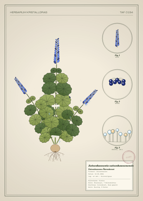 Botanische Tafel: Zaisenhausenia zaisenhausenensis, eine erfundene Pflanze aus Zaisenhausen, gezeichnet wie in einem alten Pflanzenatlas