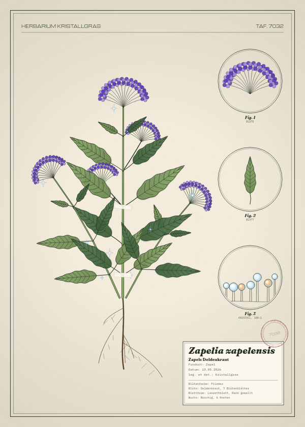 Botanische Tafel: Zapelia zapelensis, eine erfundene Pflanze aus Zapel, gezeichnet wie in einem alten Pflanzenatlas