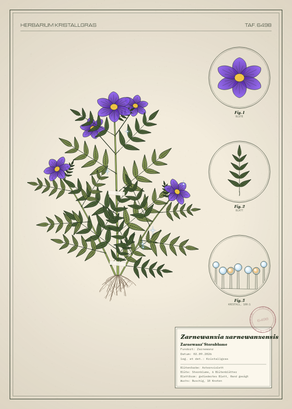 Botanische Tafel: Zarnewanzia zarnewanzensis, eine erfundene Pflanze aus Zarnewanz, gezeichnet wie in einem alten Pflanzenatlas
