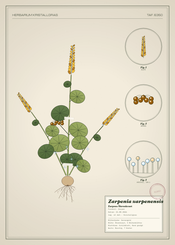 Botanische Tafel: Zarpenia zarpenensis, eine erfundene Pflanze aus Zarpen, gezeichnet wie in einem alten Pflanzenatlas