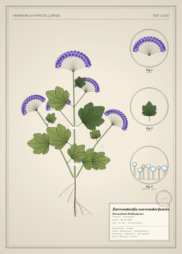 Botanische Tafel: Zarrendorfia zarrendorfensis, eine erfundene Pflanze aus Zarrendorf, gezeichnet wie in einem alten Pflanzenatlas