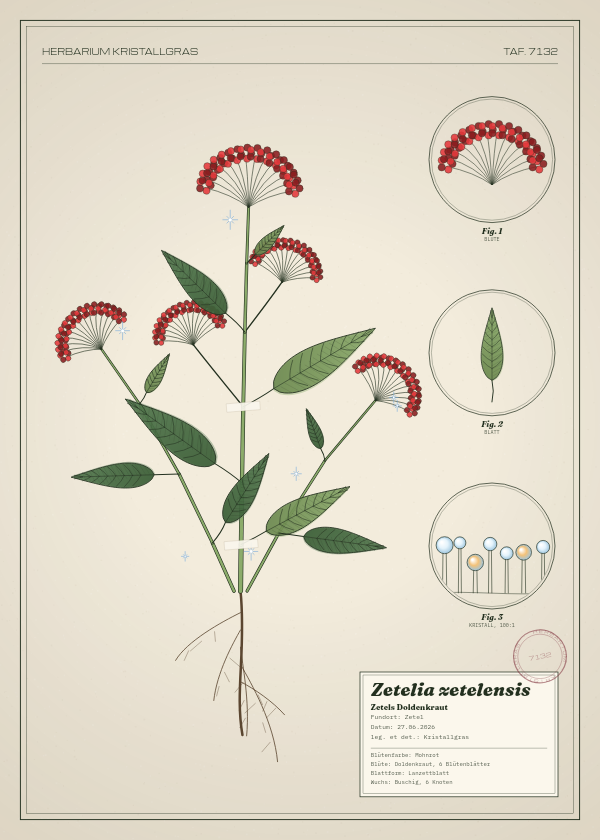 Botanische Tafel: Zetelia zetelensis, eine erfundene Pflanze aus Zetel, gezeichnet wie in einem alten Pflanzenatlas