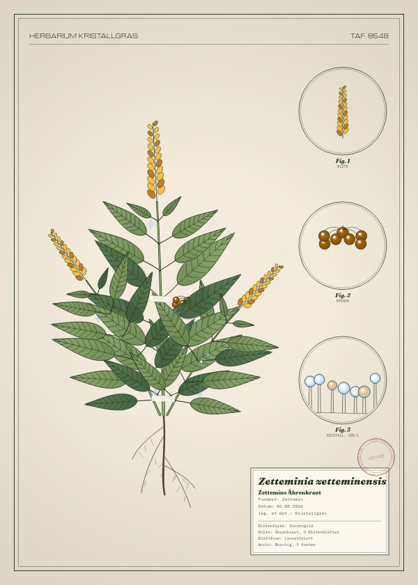 Botanische Tafel: Zetteminia zetteminensis, eine erfundene Pflanze aus Zettemin, gezeichnet wie in einem alten Pflanzenatlas