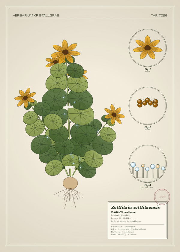 Botanische Tafel: Zettlitzia zettlitzensis, eine erfundene Pflanze aus Zettlitz, gezeichnet wie in einem alten Pflanzenatlas