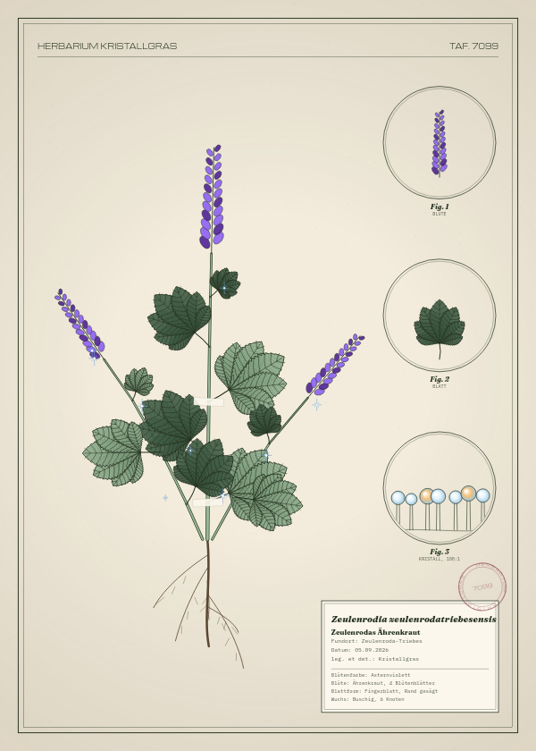 Botanische Tafel: Zeulenrodia zeulenrodatriebesensis, eine erfundene Pflanze aus Zeulenroda-Triebes, gezeichnet wie in einem alten Pflanzenatlas