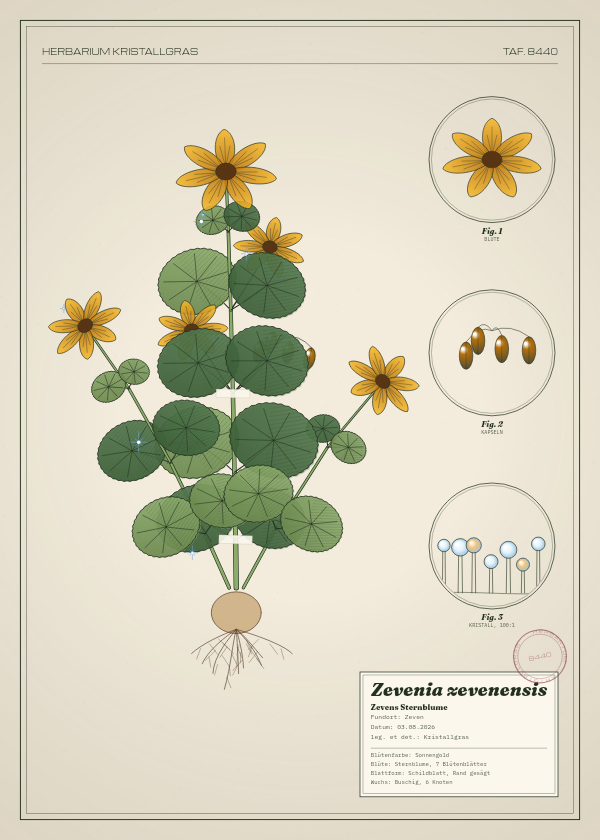 Botanische Tafel: Zevenia zevenensis, eine erfundene Pflanze aus Zeven, gezeichnet wie in einem alten Pflanzenatlas