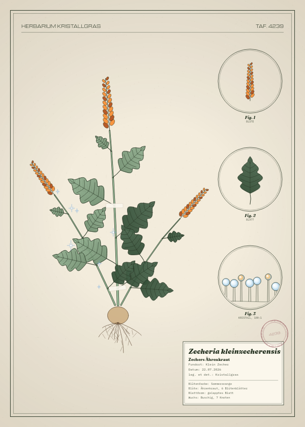 Botanische Tafel: Zecheria kleinzecherensis, eine erfundene Pflanze aus Klein Zecher, gezeichnet wie in einem alten Pflanzenatlas