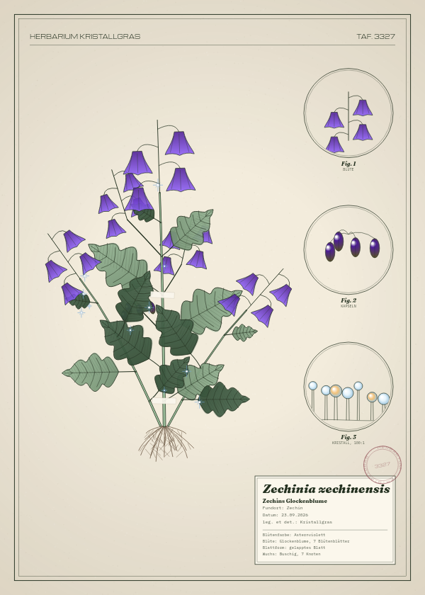 Botanische Tafel: Zechinia zechinensis, eine erfundene Pflanze aus Zechin, gezeichnet wie in einem alten Pflanzenatlas