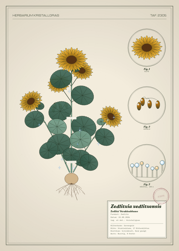 Botanische Tafel: Zedlitzia zedlitzensis, eine erfundene Pflanze aus Zedlitz, gezeichnet wie in einem alten Pflanzenatlas