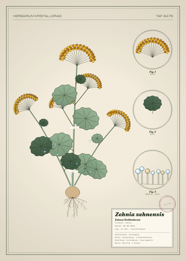 Botanische Tafel: Zehnia zehnensis, eine erfundene Pflanze aus Zehna, gezeichnet wie in einem alten Pflanzenatlas