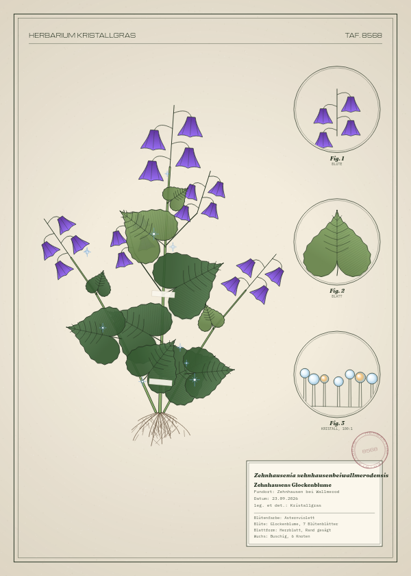 Botanische Tafel: Zehnhausenia zehnhausenbeiwallmerodensis, eine erfundene Pflanze aus Zehnhausen bei Wallmerod, gezeichnet wie in einem alten Pflanzenatlas