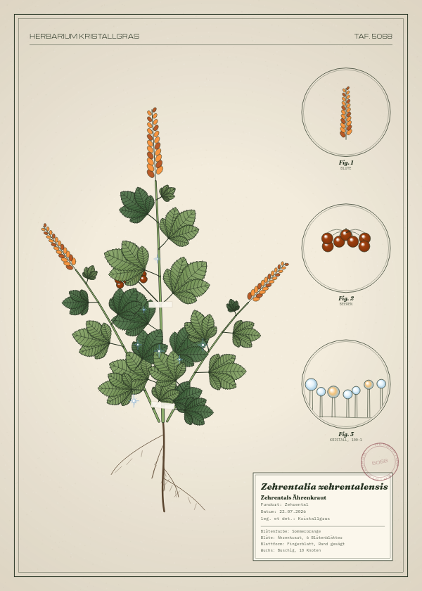 Botanische Tafel: Zehrentalia zehrentalensis, eine erfundene Pflanze aus Zehrental, gezeichnet wie in einem alten Pflanzenatlas