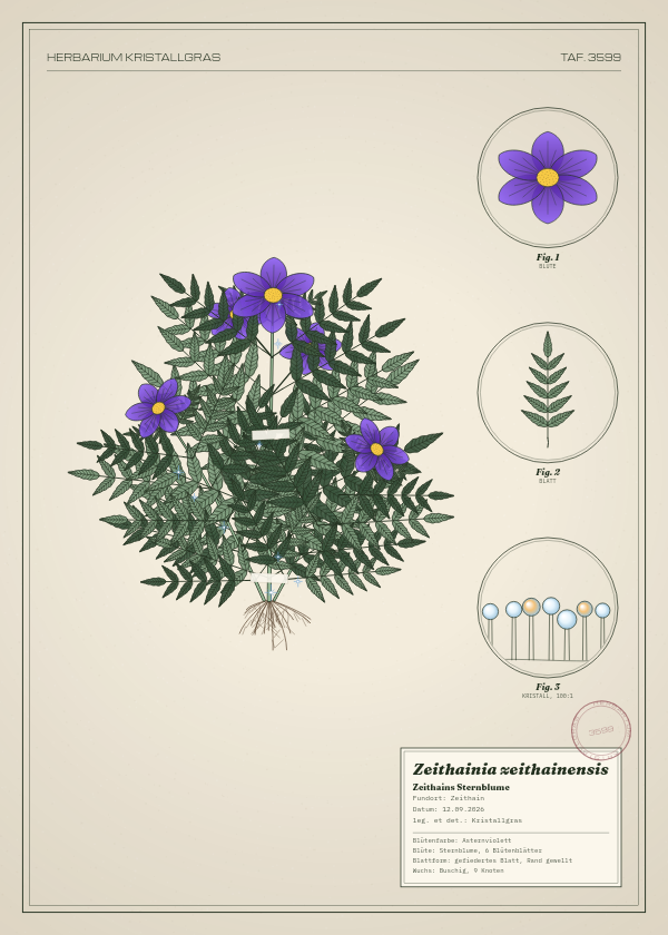 Botanische Tafel: Zeithainia zeithainensis, eine erfundene Pflanze aus Zeithain, gezeichnet wie in einem alten Pflanzenatlas