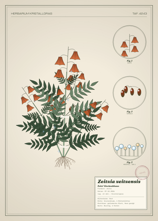 Botanische Tafel: Zeitzia zeitzensis, eine erfundene Pflanze aus Zeitz, gezeichnet wie in einem alten Pflanzenatlas