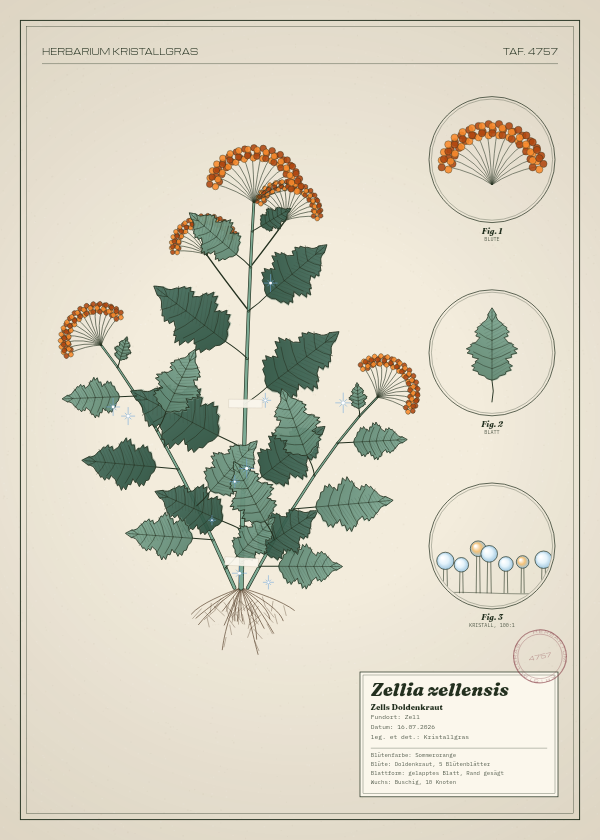 Botanische Tafel: Zellia zellensis, eine erfundene Pflanze aus Zell, gezeichnet wie in einem alten Pflanzenatlas