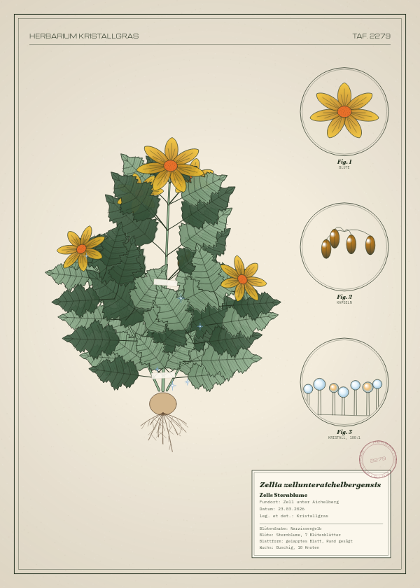 Botanische Tafel: Zellia zellunteraichelbergensis, eine erfundene Pflanze aus Zell unter Aichelberg, gezeichnet wie in einem alten Pflanzenatlas