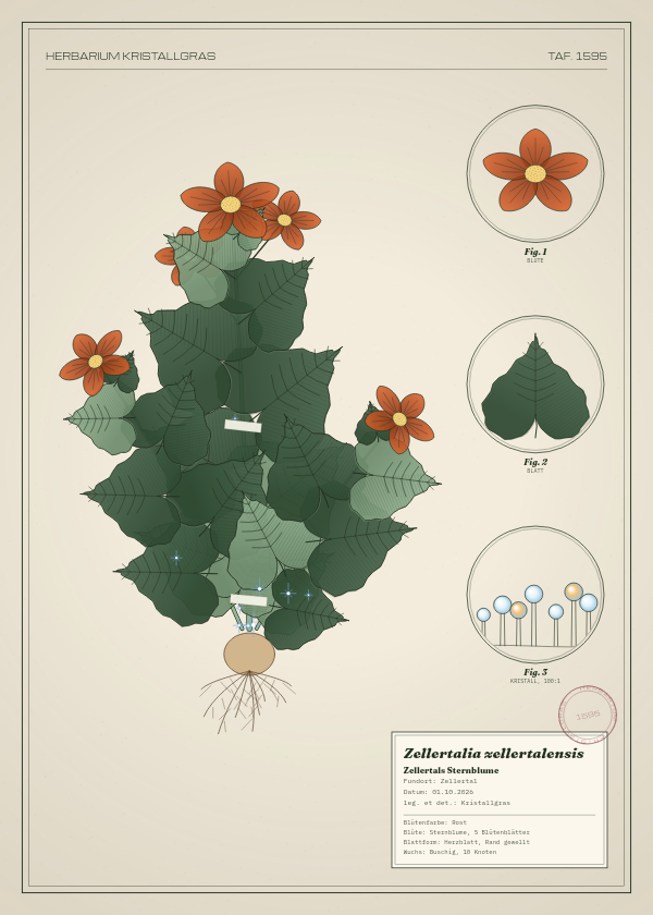 Botanische Tafel: Zellertalia zellertalensis, eine erfundene Pflanze aus Zellertal, gezeichnet wie in einem alten Pflanzenatlas