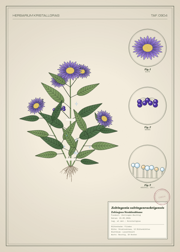 Botanische Tafel: Zeltingenia zeltingenrachtigensis, eine erfundene Pflanze aus Zeltingen-Rachtig, gezeichnet wie in einem alten Pflanzenatlas
