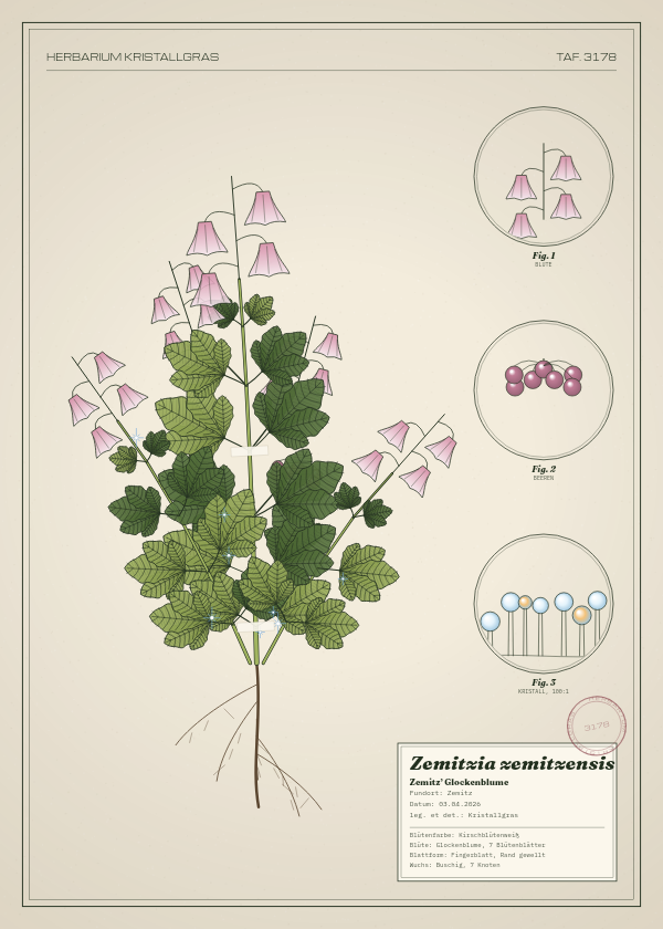 Botanische Tafel: Zemitzia zemitzensis, eine erfundene Pflanze aus Zemitz, gezeichnet wie in einem alten Pflanzenatlas