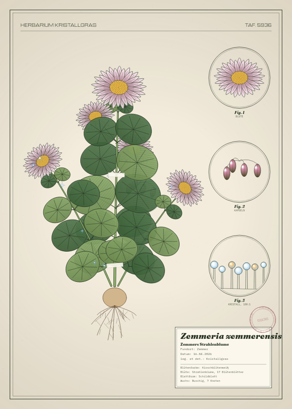 Botanische Tafel: Zemmeria zemmerensis, eine erfundene Pflanze aus Zemmer, gezeichnet wie in einem alten Pflanzenatlas