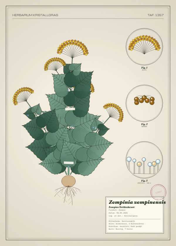 Botanische Tafel: Zempinia zempinensis, eine erfundene Pflanze aus Zempin, gezeichnet wie in einem alten Pflanzenatlas