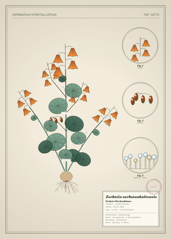 Botanische Tafel: Zerbstia zerbstanhaltensis, eine erfundene Pflanze aus Zerbst/Anhalt, gezeichnet wie in einem alten Pflanzenatlas