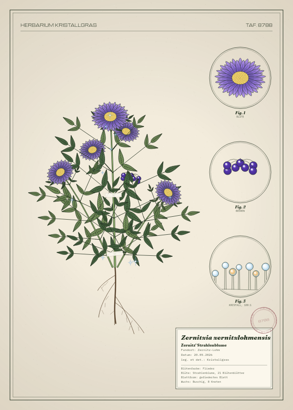 Botanische Tafel: Zernitzia zernitzlohmensis, eine erfundene Pflanze aus Zernitz-Lohm, gezeichnet wie in einem alten Pflanzenatlas