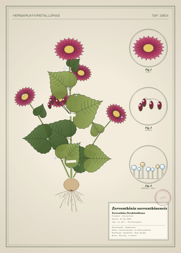 Botanische Tafel: Zerrenthinia zerrenthinensis, eine erfundene Pflanze aus Zerrenthin, gezeichnet wie in einem alten Pflanzenatlas