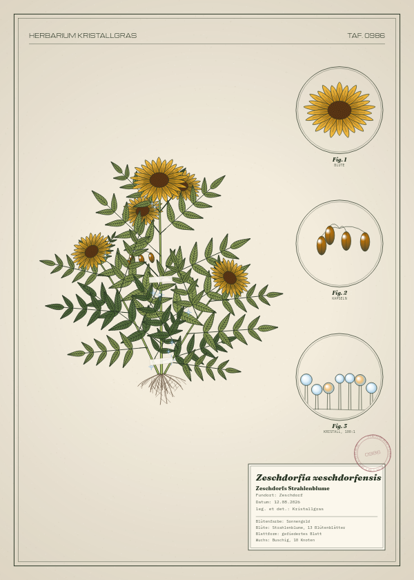 Botanische Tafel: Zeschdorfia zeschdorfensis, eine erfundene Pflanze aus Zeschdorf, gezeichnet wie in einem alten Pflanzenatlas